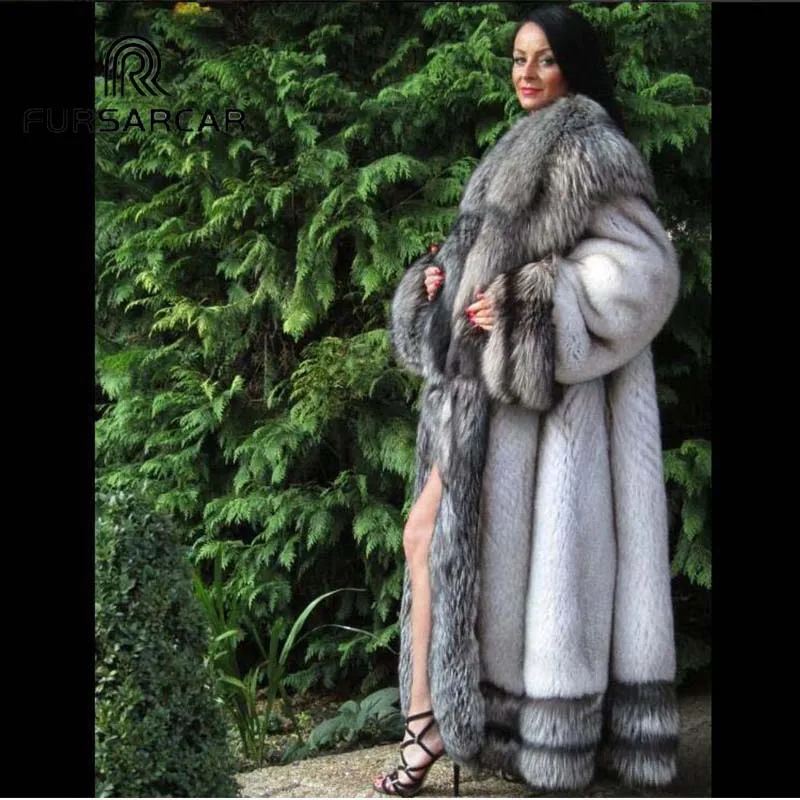 FURSARCAR 2018 New Real Fur Coats Women 120 CM Long Winter Fox Fur Jacket Luxury Fox Fur Coat With Big Silver Fox Fur Collar FURSARCAR 2018 New Real Fur Coats Women 120 CM Long Winter Fox Fur Jacket Luxury Fox Fur Coat With Big Silver Fox Fur Collar