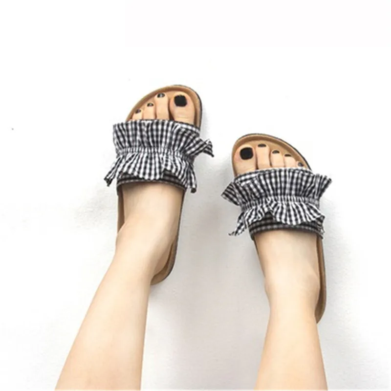 

WADNASO New Summer Lady Plaid Beach Cork Slippers Casual Women Cotton Fabric Mixed Color Clogs Slides Shoe Ladies Shoes