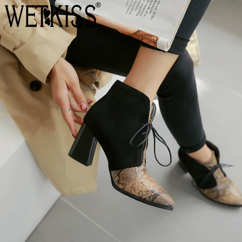 

WETKISS Sexy Snakeskin Women Ankle Boots Simple High Heels Keep Warm Winter Bootie Pointed Toe Thick Heel Shoes Cross Tied Boots