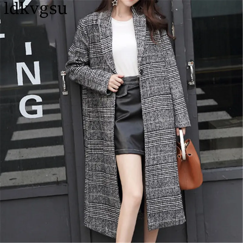 

fashion Plaid Windbreaker Coat Women Long section Korean Spring Blazers Suits 2018 Autumn Winter Woolen Coat Female Jackets V168