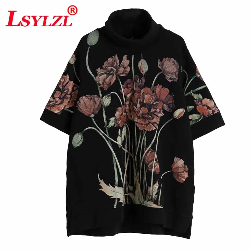 

2019 Women Hoodies Sweatshirts Plus Size Tops Black Female Turtleneck Pullover Autumn Thinken Cotton Loose Print Floral C804