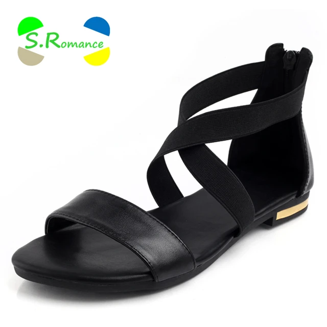 S.Romance Women Sandals Genuine Full Grain Leather Plus Size 34-43 Zipper Rubber Sole High Quality Women's Summer Shoes SS463