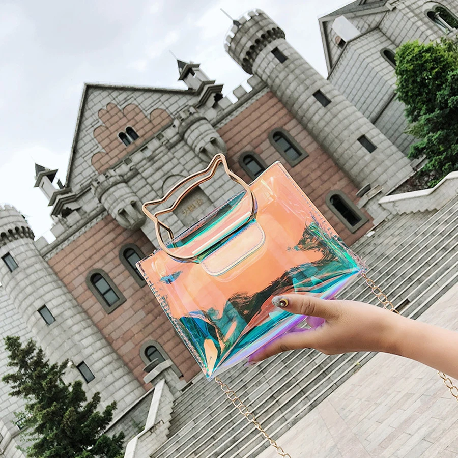 

Transparent Laser Top Cat Handle Women's Tote Chic Chain Shoulder Crossbody Bags for Women Clear Pvc Jelly Waterproof Handbag