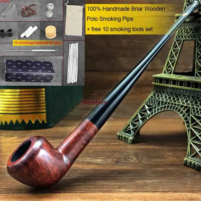 

NewBee 10 Smoking Tools Handmade Briar Wood Polo Smoking Pipe Small Long Stem Straight Tobacco Pipe for Reading Factory aa0120