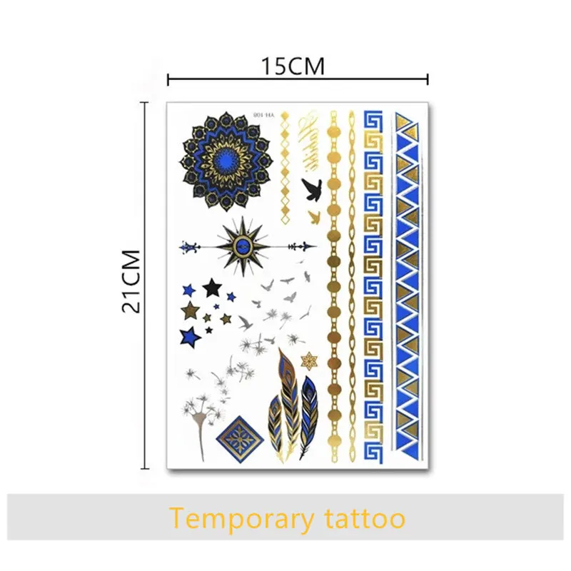 DIY мерцающее тату в золоте серебро временные тату Металлика Синий Золотой Мандала звезды браслет с перьями макияж водопереводимая бумага