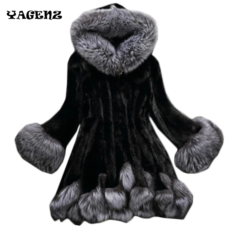 

2019 Winter Women faux Fur Coat Jacket Super Warm Large Fur Collar Hooded Mink Fur Coat Medium long Overcoat Women Hooded Coat