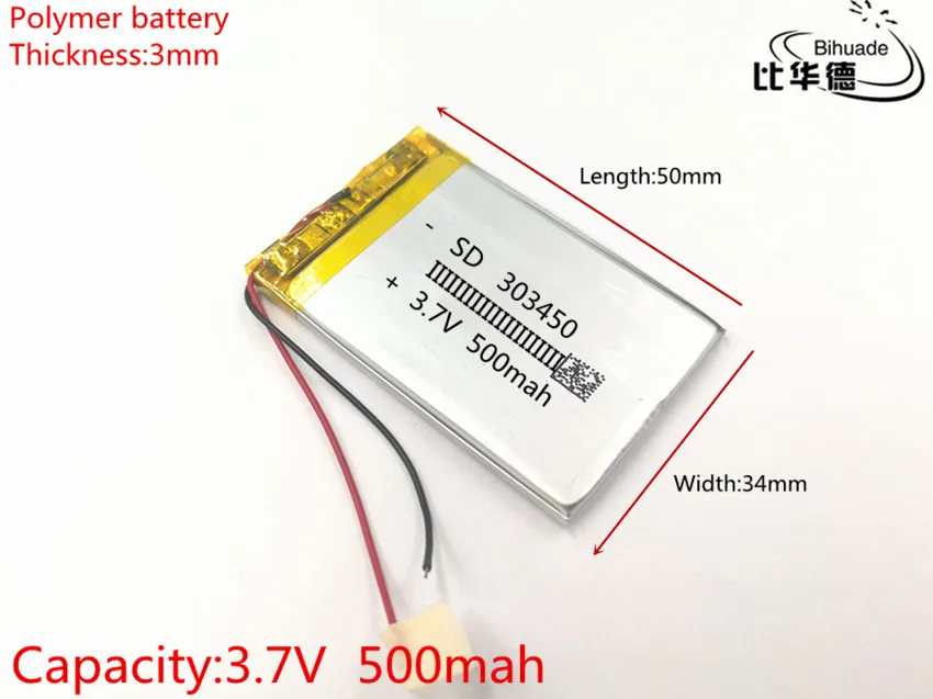 3,7 V, 500 mAH, 303450 PLIB; полимерная литий-ионная/литий-ионный аккумулятор для gps, mp3, mp4, mp5, dvd