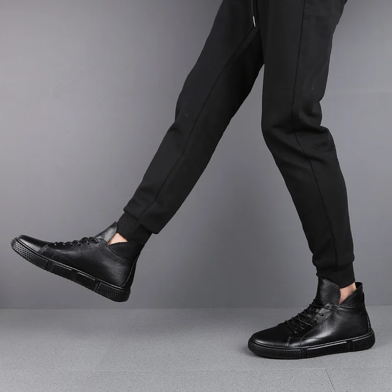 High-Top Men's Casual Shoes Genuine Leather Loafers Business Daily Leisure Soft High Elastic Bottom Footwear Winter Velvet Warm