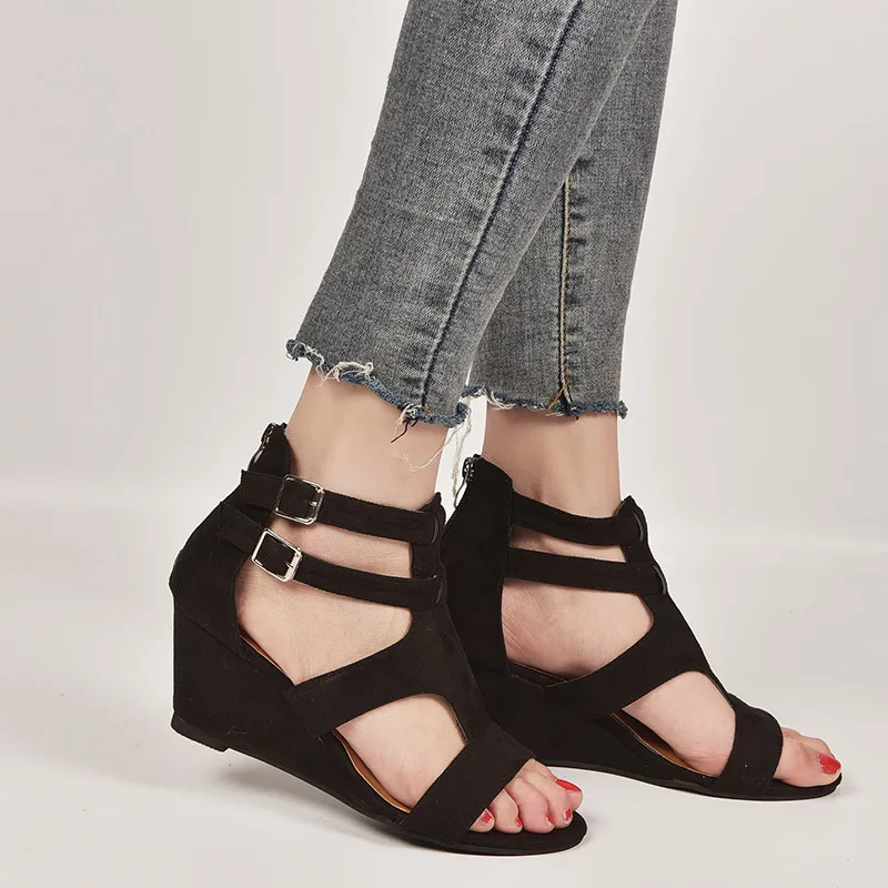 Women Sandals 2019 New Summer Fashion Flats Gladiator Wedges Shoes Woman Peep Toe Buckle Strap Solid Lady Casual Plus Size