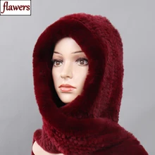 Новые русские женские шарфы с капюшоном из меха кролика рекс женские зимние теплые настоящий мех кролика шапки шарф вязаные шапки из натурального меха