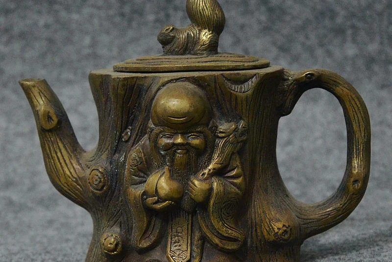

Old China Bronze Longevity God squirrel Tree Shape Kettle Teapot Wine POT Flagon