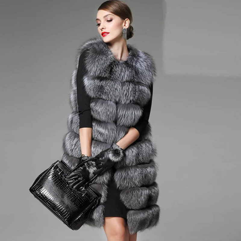 European station new high-imitation fur vest women's entire skin silver fox Fox hair long Korean version of a large coat jacket