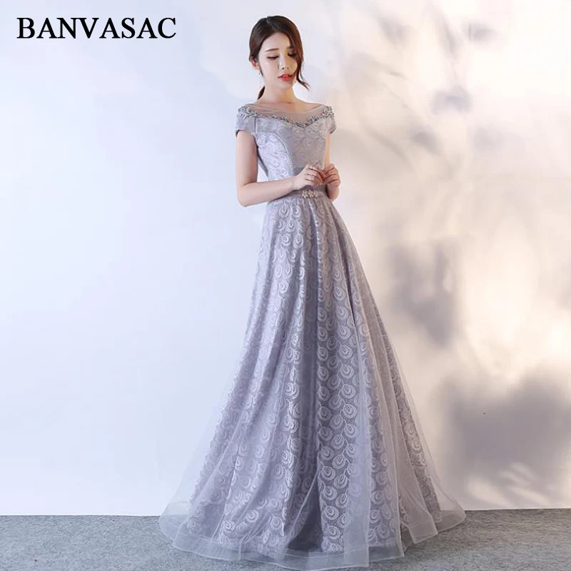 

BANVASAC 2018 Beading Flowers O Neck A Line Crystal Sash Long Evening Dresses Party Lace Embroidery Backless Prom Gowns