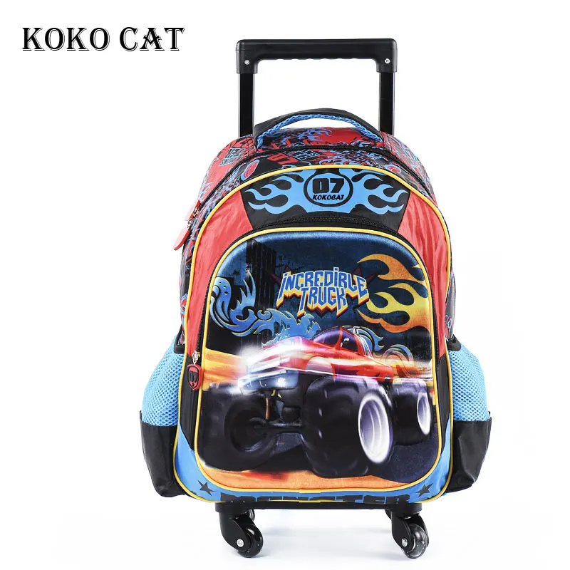 

School Bags With Wheel 3D Cartoon Cool Car Trolley Bookbag Backpacks for Teens Boys Orthopedic Satchel Mochila infantil