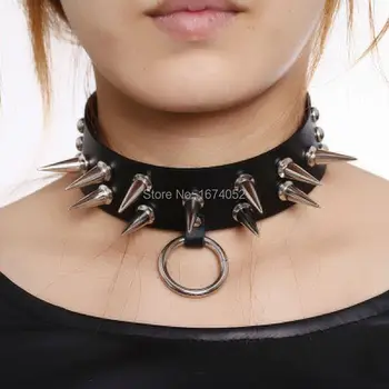 

Women Girl Punk Gothic 100% Handcrafted Cosplay Double Spiked Collar Spiked Choker Hanging O Round Leather Choker Necklace