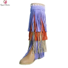 Оригинальное предназначение; женские сапоги до колена; красивые сапоги на танкетке с круглым носком и кисточками; элегантная женская обувь бежевого цвета; большие размеры США 4-15