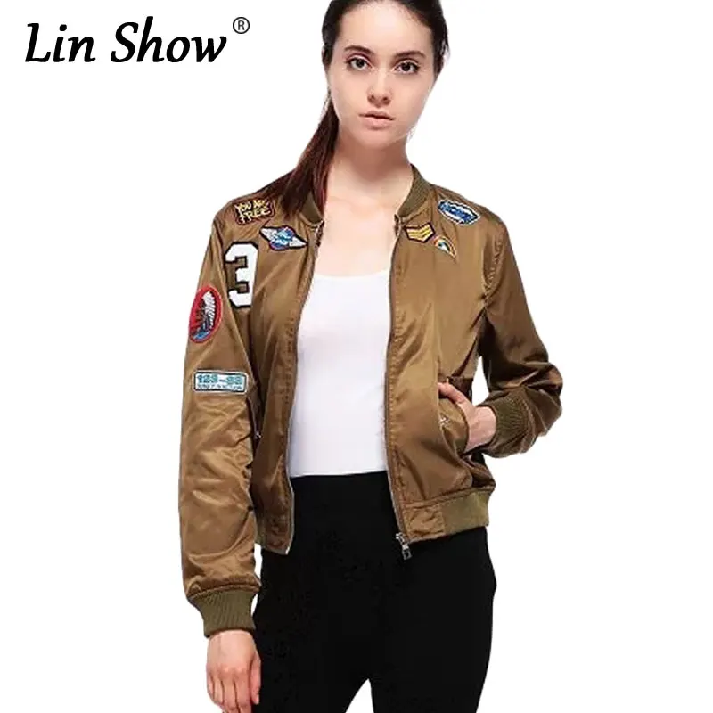 LINSHOW Embroidered Bomber Women Jackets Letter Patches Pockets Zipper Flight Suit Fall Black