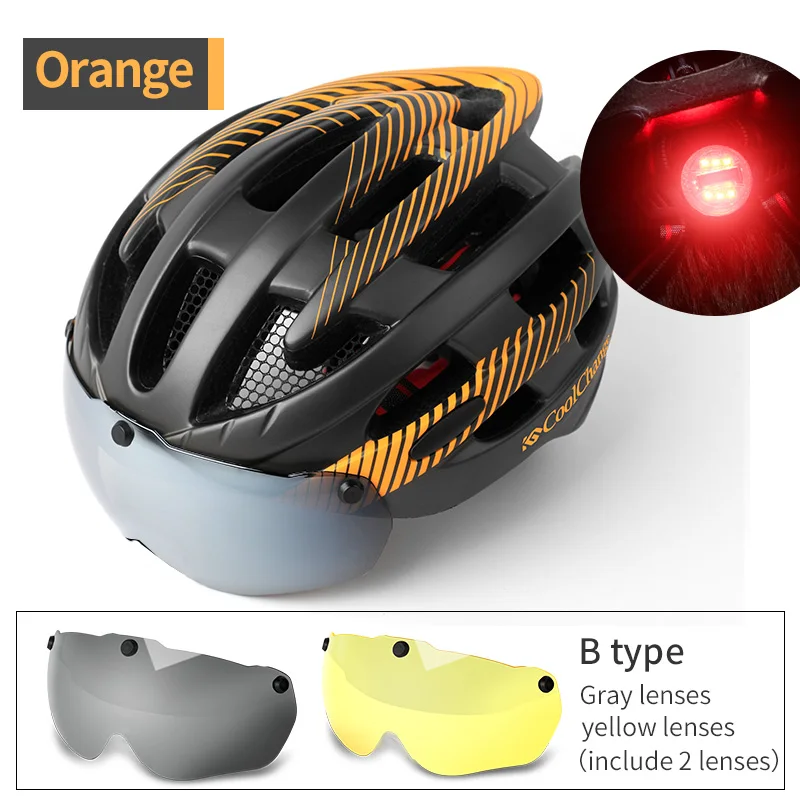 Coolсмена велосипедный шлем MTB сетка от насекомых цельный литой мужской женский велосипедный шлем с светильник ветрозащитные очки - Цвет: B Orange 2 lenses