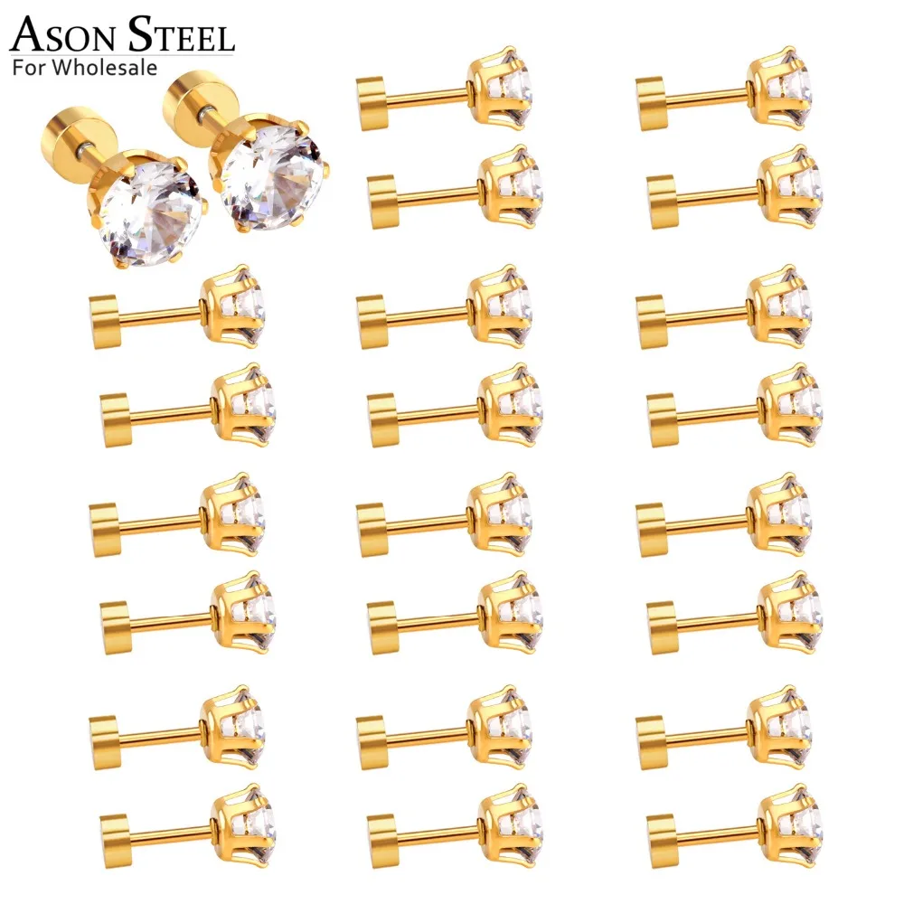 Асон сталь женские ювелирные изделия 12 пар/лот круглые серьги-гвоздики Нержавеющая сталь Золото/серебро кубический цирконий серьги-винт Размер 3-7 мм