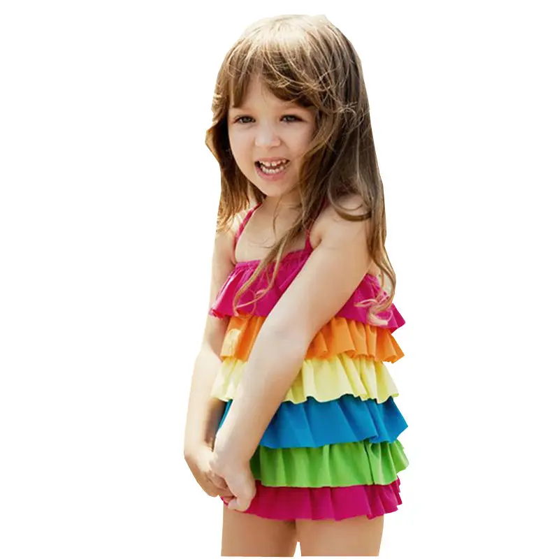 Baby Girl Summer Swimsuit Toddler Kids Girls Rainbow Ruffle Strap Bathing Suits With Cap