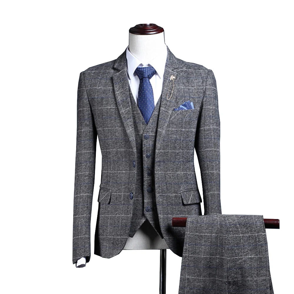 

JinXuanYa ( Jacket + Vest + Pants ) New Men's Casual Three-piece Suit Business Fashion Plaid gray Slim Suit Coat custom size