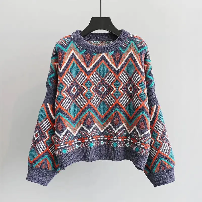 

MUMUZI Winter Autumn Women Sweaters and Pullovers Crewneck Casual Retro Sweater Geometric Knitted Loose Jumpers Sweter Mujer