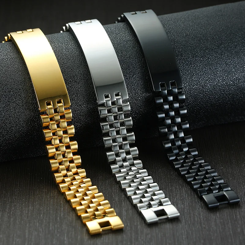 

Free Custom Engraving Men's Curved Rectangle Blank Message Metal Bar Heavy Bracelet Watchband Bracelet Jewelry