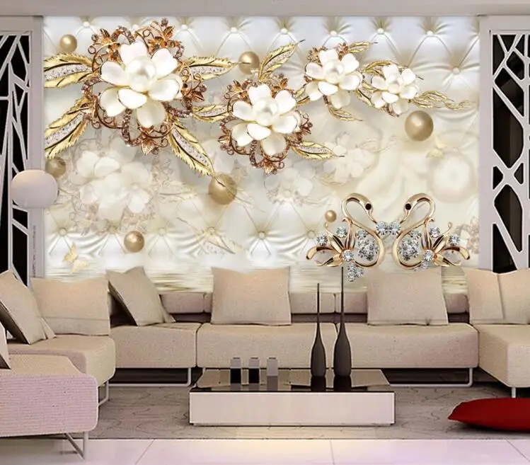 Пользовательские фото обои 3D фреска обои стикер 3d роскошный золотой белый цветок мягкая сумка глобус ювелирные изделия ТВ фон