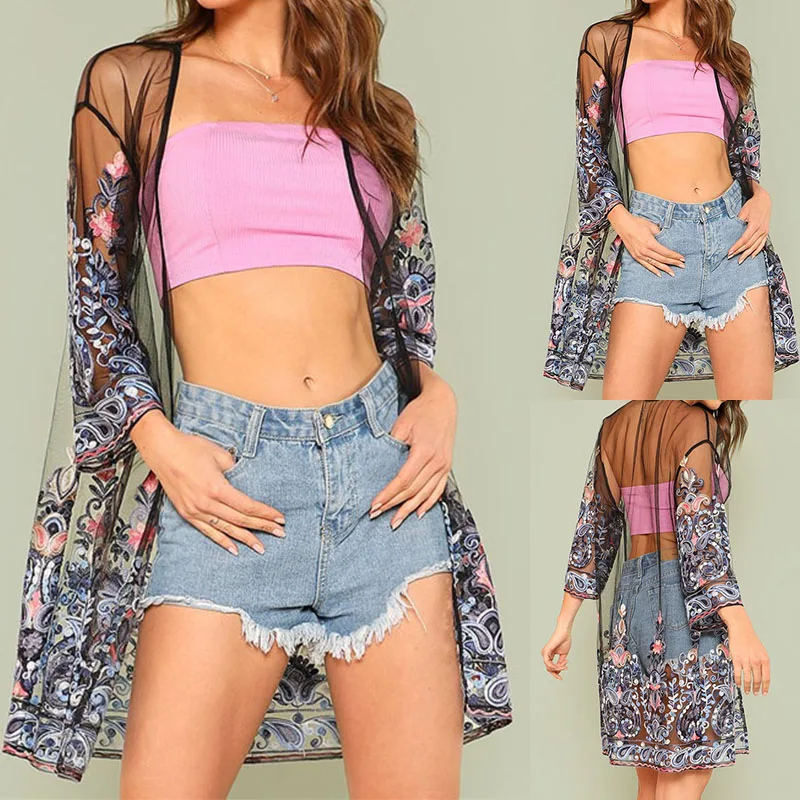 New Women Mesh Embroidery Cardigan Kimono Streetwear Summer Long Shirt Floral Beachwear Transparent Tops Femme Blouse Sexy Robe