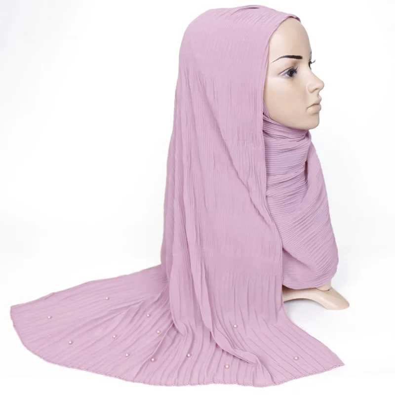 

2019 Plain Solid Wrinkle Beads Bubble Chiffon Instant Shawl Scarf Women High Quality Headbands Wrap Bufandas Muslim Hijab Sjaal