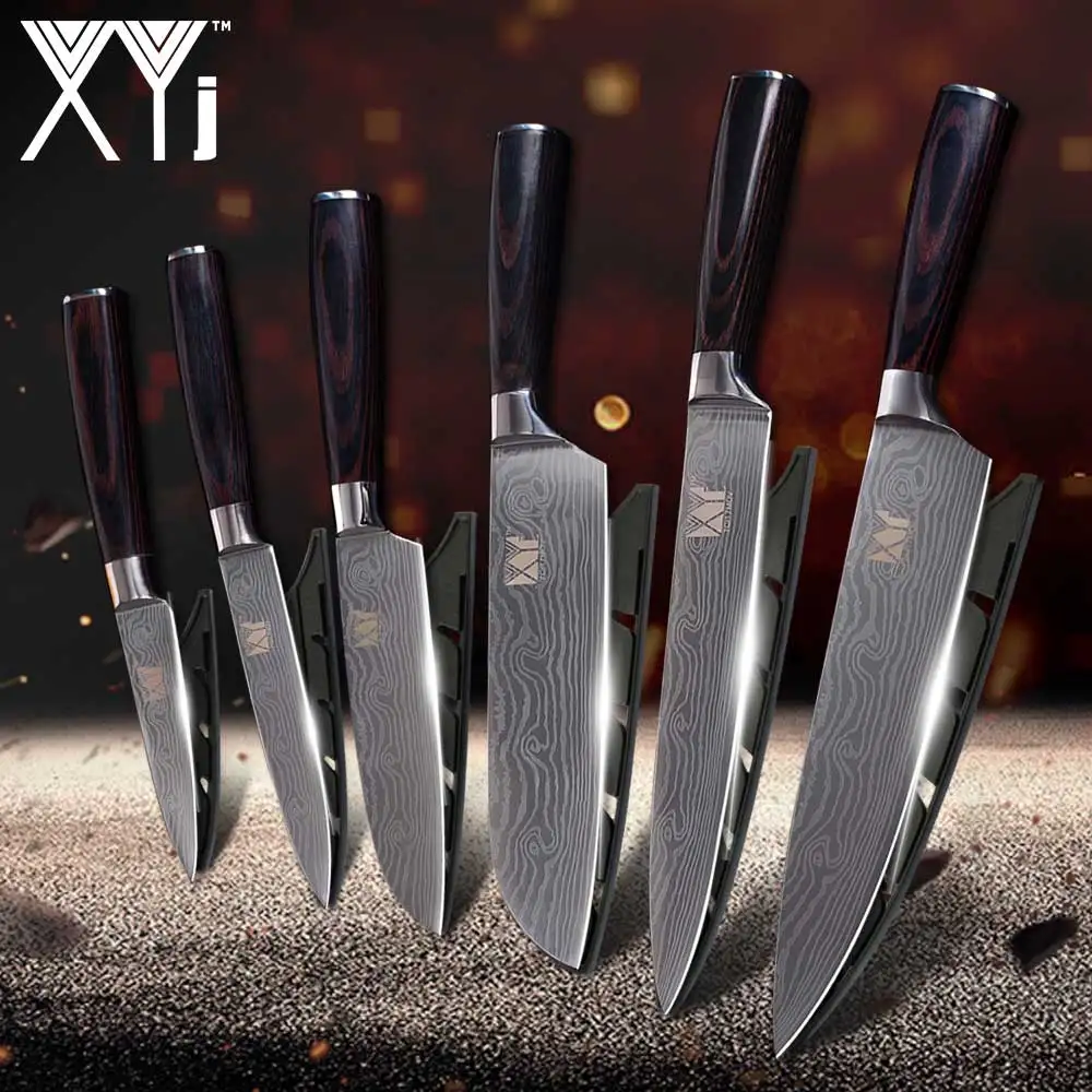 

XYj Stainless Steel Kitchen Knive Set Laser Pattern Sharp Cooking Knife Set Chef Sushi Sashimi Slicer Cutter Japanese Cleaver