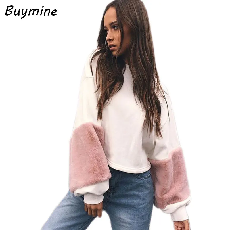 White Faux Fur Sweatshirt Women Oversize Casual Hoodies