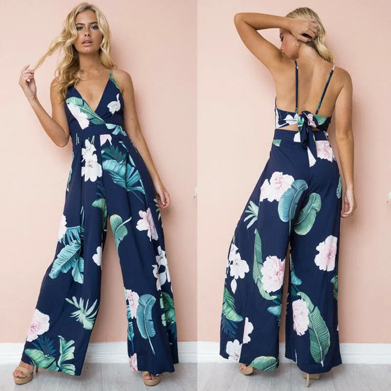 

Explosion Models Flower Stripe Print Sleeveless Sexy V-neck Jumpsuit High Waist Back Strap Tied Bandwidth Loose Leg Jumpsuit