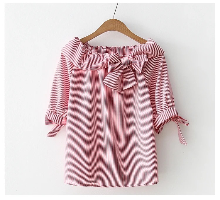 Новая Женская Полосатая Рубашка со шнуровкой и бантом, свободная, с коротким рукавом, модная, милая, Camisa Blusa Feminina, большие размеры, T88613F