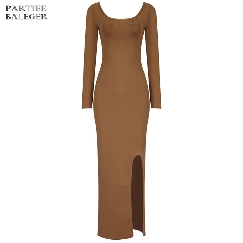 

2019 New Arrival Chic Camel Color Dress Sexy Scoop Neck Side Split Design Long Sleeves Celebrity Party Club Bandage Long Dress