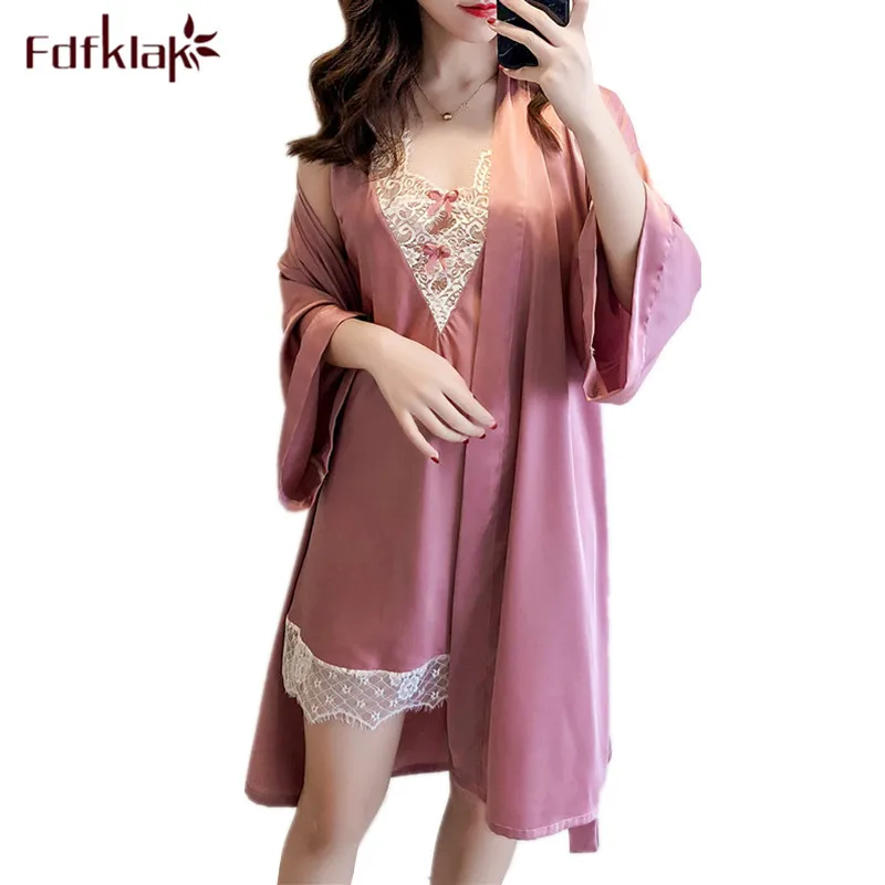 

New slim kimono sleepwear women bathrobe spring autumn robe set sexy two pieces bath robe silk lace dressing gown female