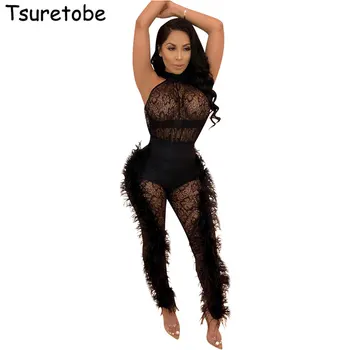 

Tsureobe Off Shoulder Sexy Lace Jumpsuit Elegant Women Fashion Ruffle Feather Bodycon Bodysuit Female Vestidos Casual Jumpsuit