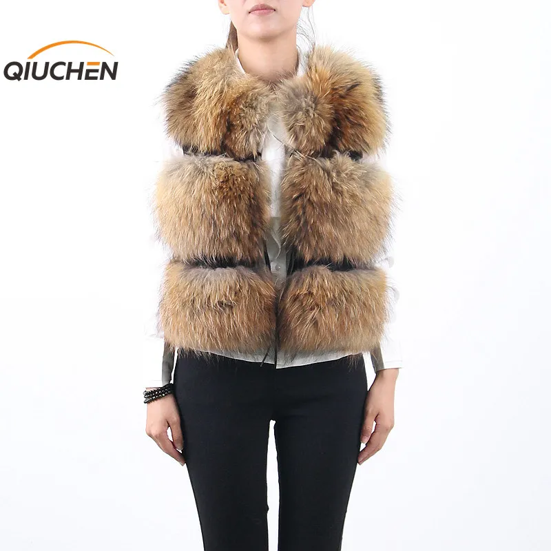 QIUCHEN PJ8051 2018 женская новая куртка из натурального меха енота кожаная жилетка
