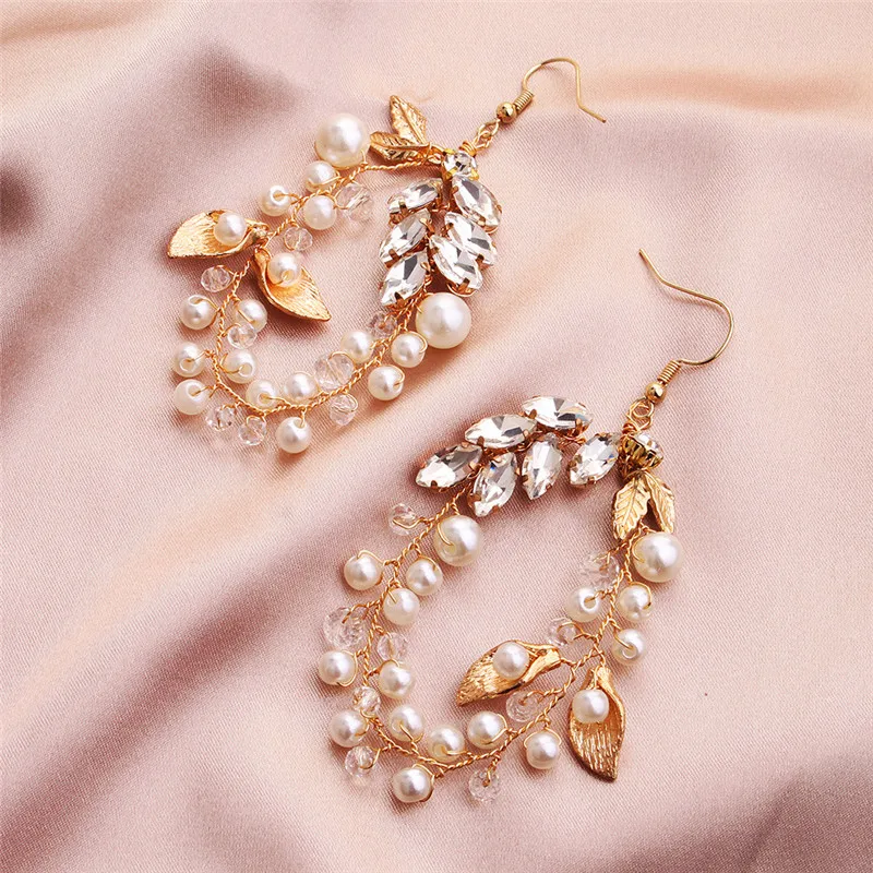 

Jonnafe Handmade Pearls Bridal Drop Earrings Wedding Accessories Jewelry Gold Leaf Women Earrings