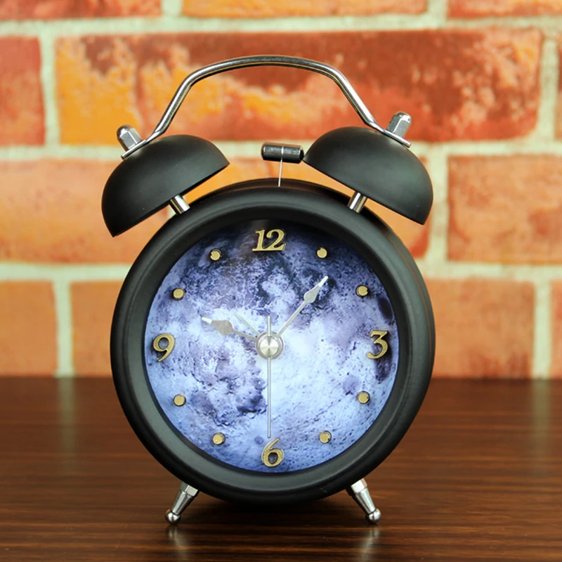 Creative 3D Moon clock metal Bell alarm clock gold Arabic numerals Desktop small clocksin Alarm