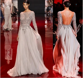 

Fashion Sheer Backless Boat Neck Long Sleeves Prom Gown Floor Length Chiffon Evening Dress for Wedding Party Custom Made