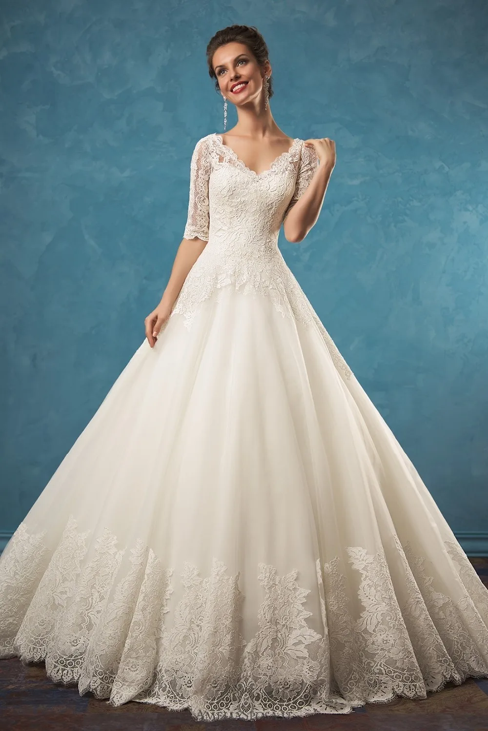 Vestido de noiva longo Amazon с v-образным вырезом и короткими рукавами, а-силуэт, часовня, шлейф, кружевное Тюлевое платье невесты, платья для матери невесты