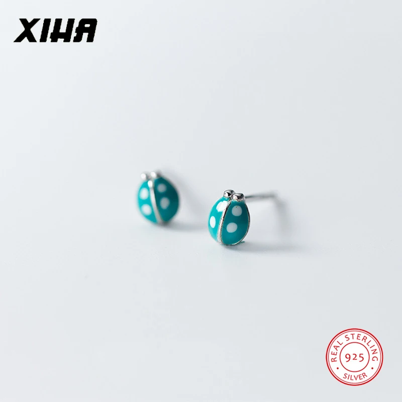 

XIHA Genuine 925 Sterling Silver Earrings for Women Tiny Blue Ladybug Stud Earring for Girl fashion jewelry womens accessories