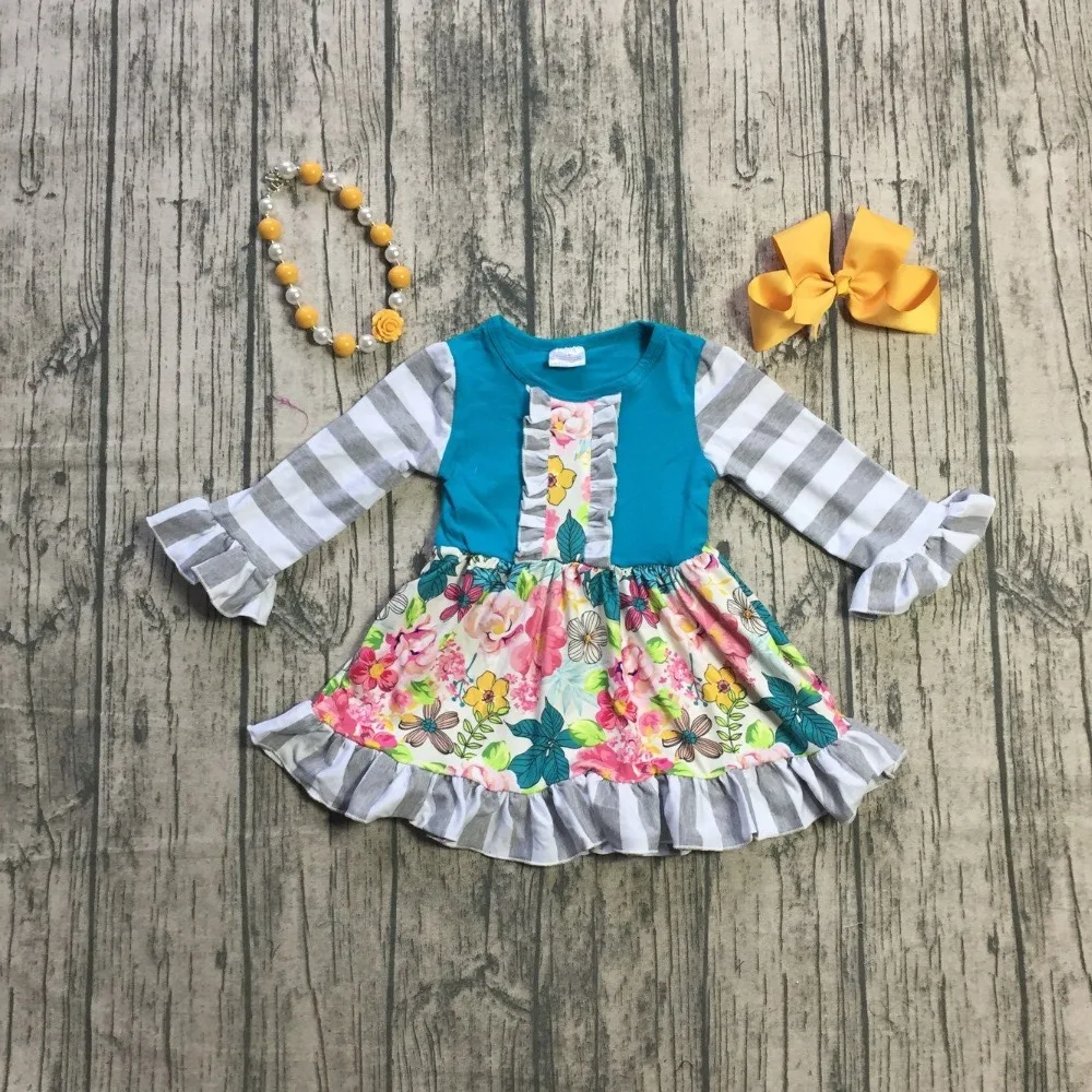 

spring/winter baby girls cotton jade grey floral dress ruffle children clothes boutique outfits knee-length match accessories