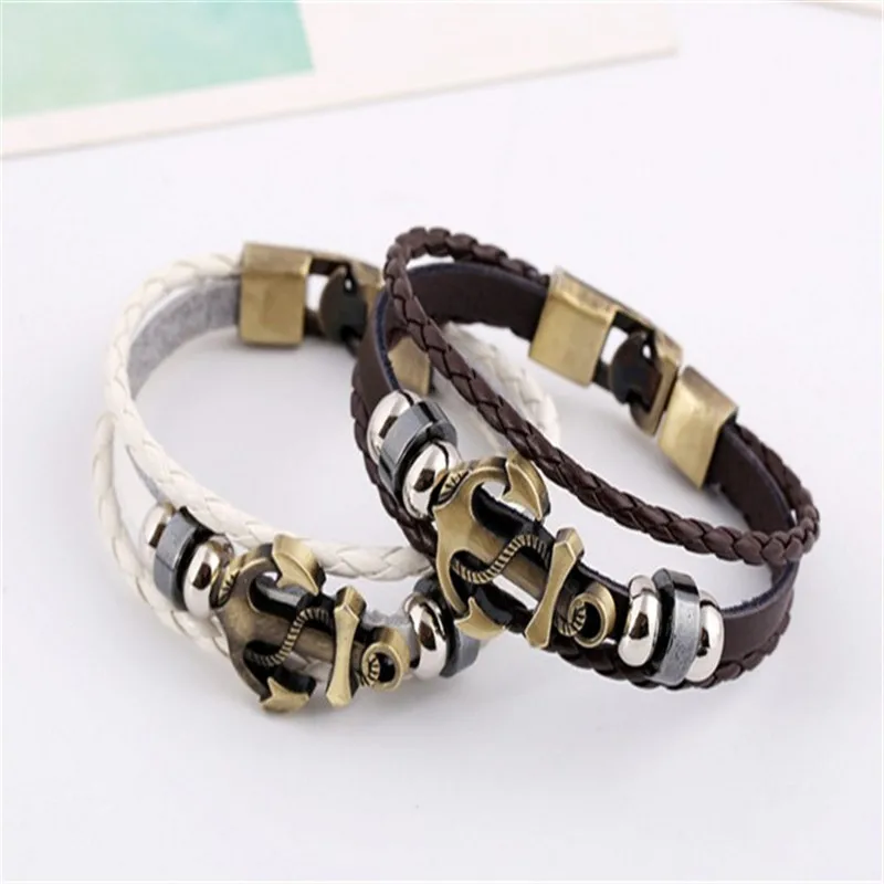 Ship's Anchor 3Colors Retro Ornaments Cowhide New Style Simple Charm Punk Alloy Genuine Leather Woman Bracelet Fashion | Украшения и