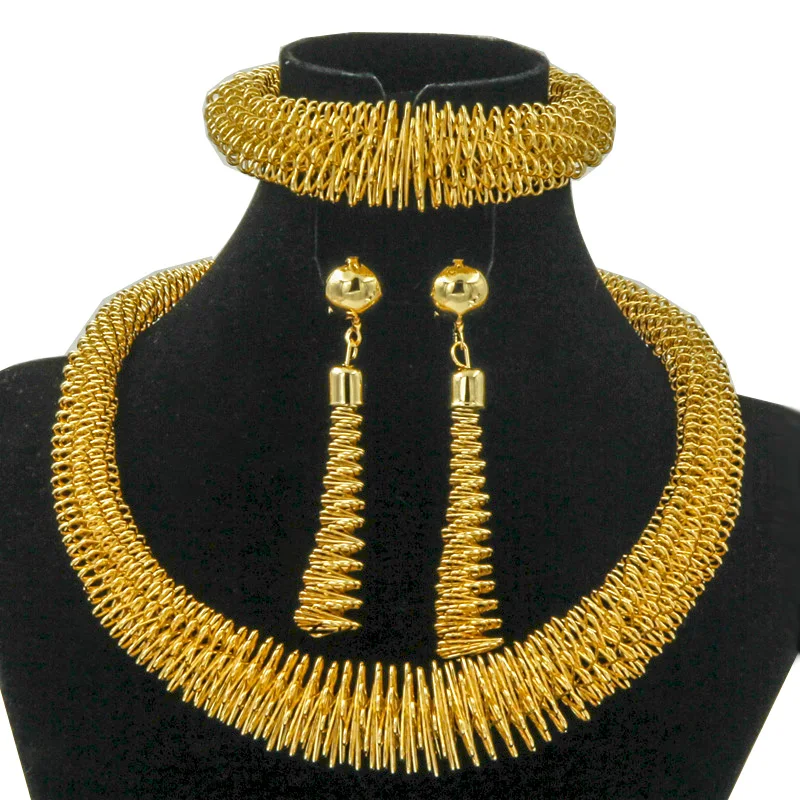 

Liffly New Africa 24 Gold Jewelry Sets Alloy Necklace Bracelet Earrings Set Creative Chain Jewelry Bold Anniversary Gift Jewelry