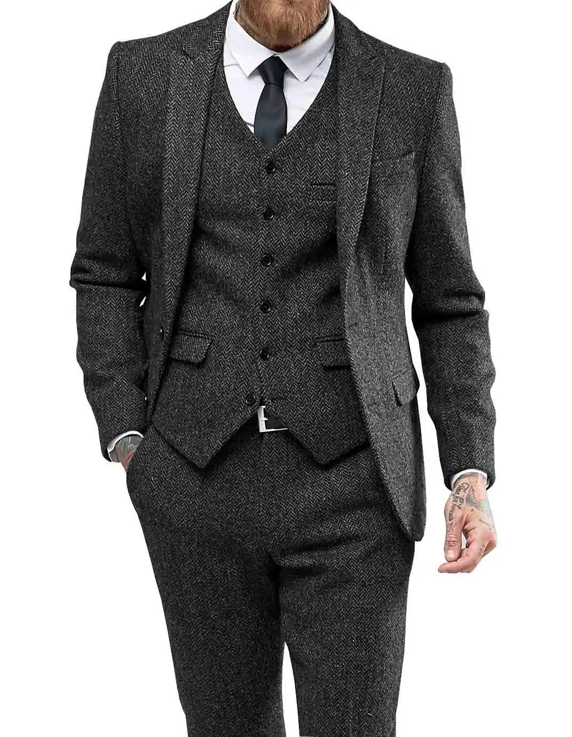 Мужской костюм, повседневный деловой костюм из трех предметов для женихов, серый, белый, бордовый смокинг с лацканами для свадьбы, блейзер+ брюки+ жилет - Цвет: Black 3 pieces