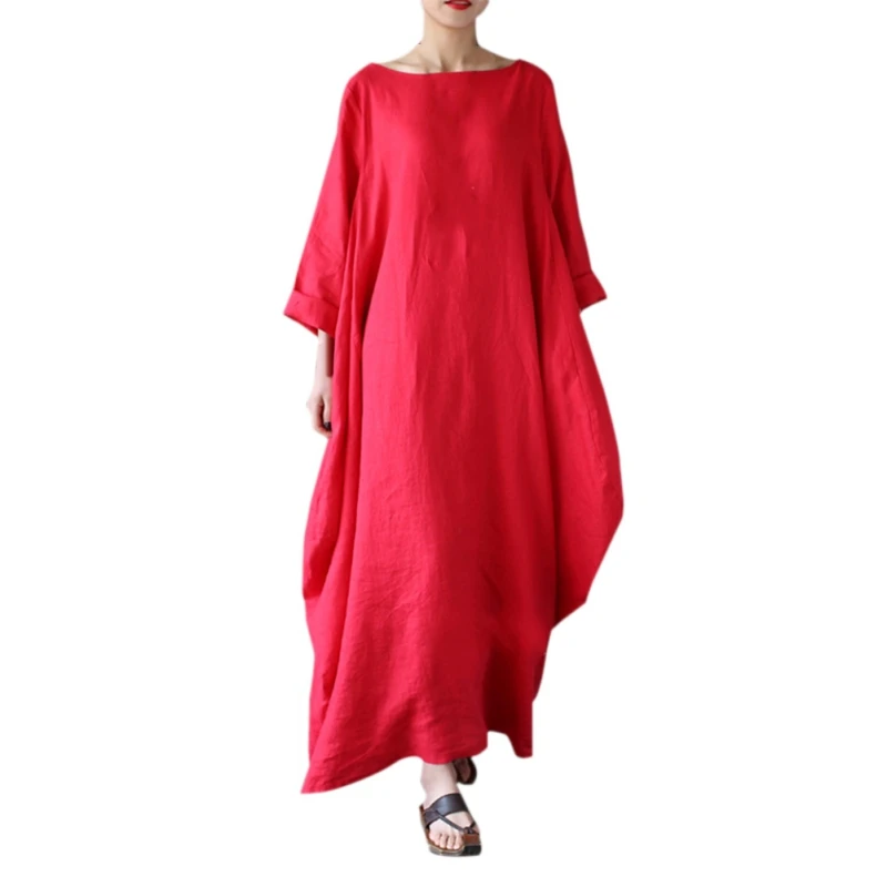 Women Crew Neck Loose Casual Solid Cotton Linen Baggy Oversized Solid Long Maxi Dress Plus Size