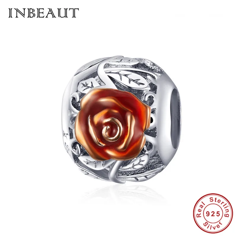 INBEAUT 925 пробы Серебряный Красный Китайский Персонаж Бог Лев Бусы для танца fit Pandora браслет роза Сердце Бабочка Подвески - Цвет: bad1221