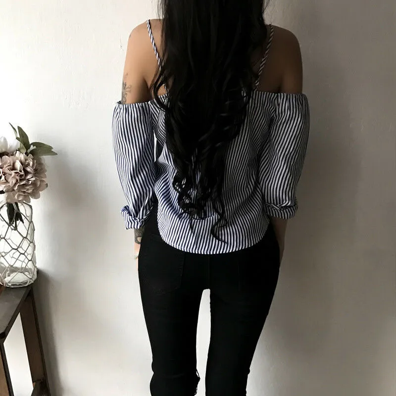 Women Ladies Summer Long Sleeve Blouse Fashion Strap Shirt Loose Sexy Off Shoulder Button Casual Stripe Blouse Tops Shirt S -XL